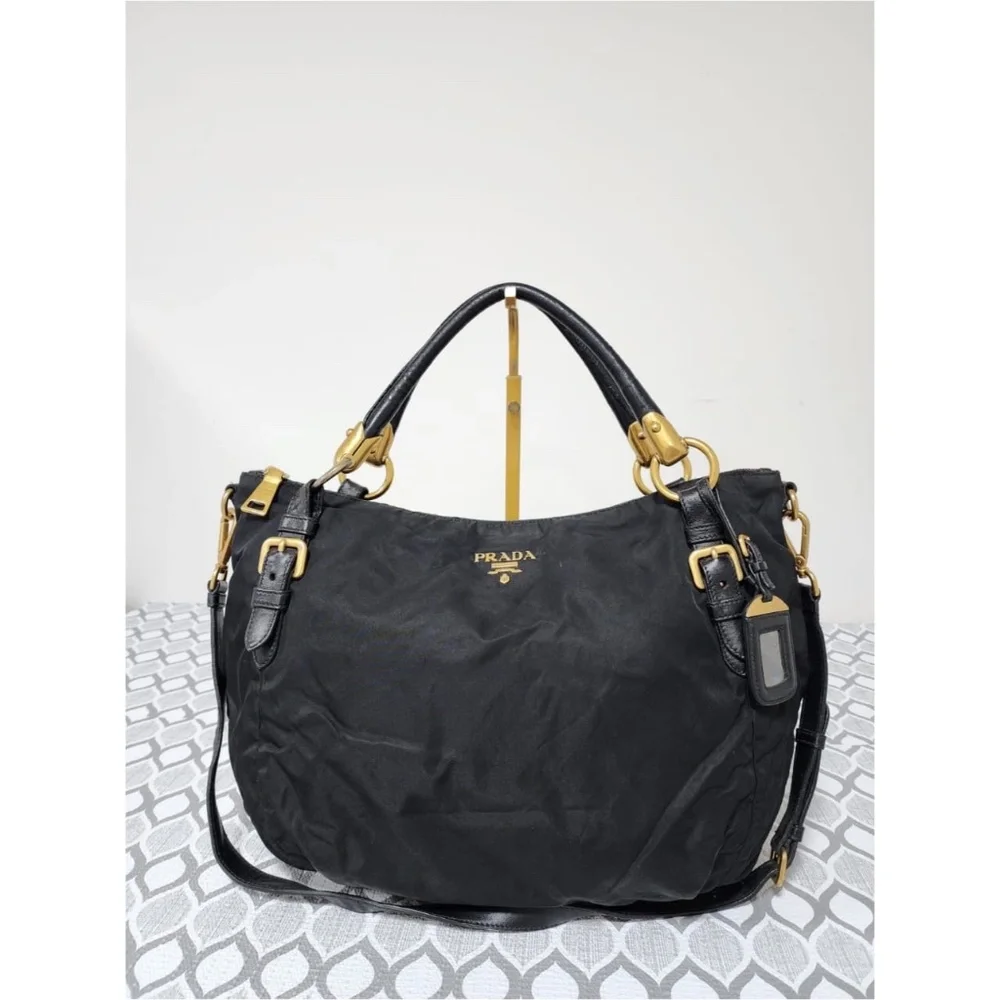 Authentic Prada Nylon Top Handle Jacquard Satchel Bag Black